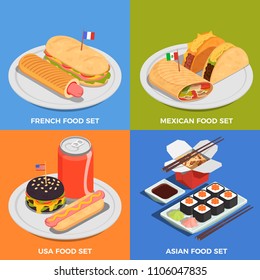 Street food concept icons set with French and Asian food symbols isometric isolated vector illustration