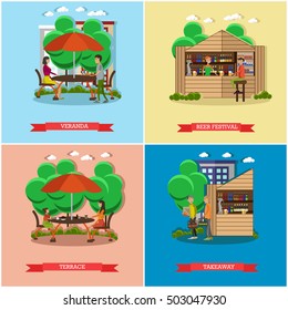 Street food concept vector posters. People sell food from stalls in park. Street cafe concept. Restaurant summer terrace under umbrella