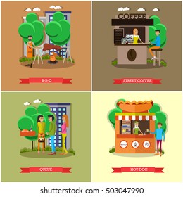 Street food concept vector posters. People sell food from stalls in park. Street cafe concept.
