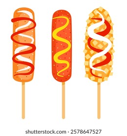 Street food corn dog illustration with sauce. Tasty korean corn dog on stick illustration.