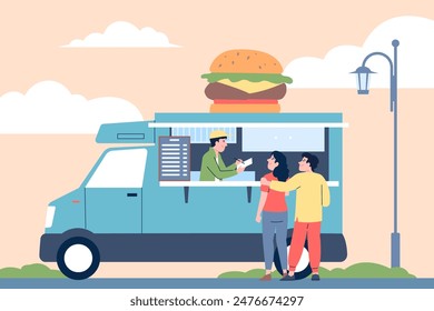 Street food. Couple walking and buy burger in mobile cafe or van. Seasonal festival, tourism or travel. Urban lunch or dinner, recent vector scene