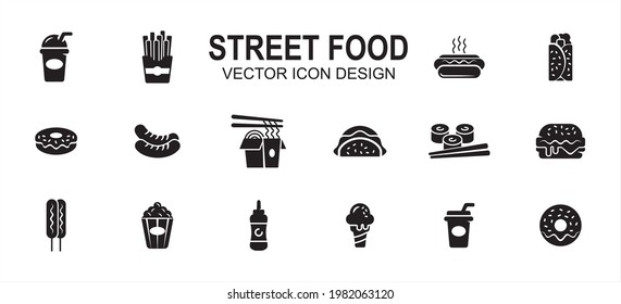 Street food culinary related vector icon user interface graphic design. Contains such icons as drink, beverage, fries, hot dog, taco, kebab, donuts, sausage, noodle, sushi, burger, ice cream, soda