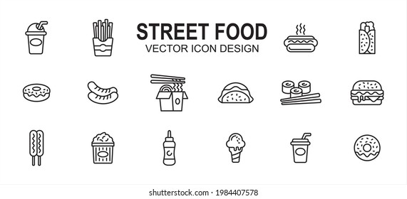 Street food culinary related vector icon user interface graphic design. Contains such icons as drink, beverage, fries, hot dog, taco, kebab, donuts, sausage, noodle, sushi, burger, ice cream, soda