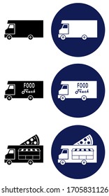Street food or delivery van bus, vector set isolated on white background. Black and white silhouettes of truck with inscription and mobile pizza house. Can be used as logo or icon.