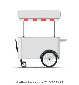 Street food and drink awning cart local market transport for take away meal realistic vector illustration. Mobile stall for hot dog snack and beverage to go urban lunch cafe cafeteria service