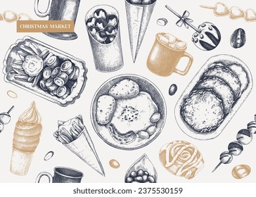 Street food and drink background. Christmas market menu design -  pastries, sweets, grilled meat, raclette, hot drinks sketches. Hand-drawn vector illustration. Fast food seamless pattern