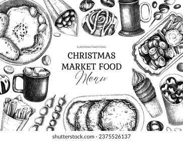 Street food and drink background. Traditional European Christmas market  pastries, sweets, grilled meat, raclette, hot drinks sketches on chalkboard. Hand-drawn vector illustration. Fast food menu 