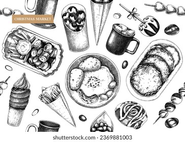 Street food and drink background. Vintage Christmas market menu design -  pastries, sweets, grilled meat, raclette, hot drinks sketches. Hand-drawn vector illustration. Fast food seamless pattern