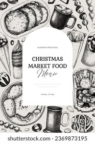 Street food and drink menu design. Christmas market food -  pastries, sweets, grilled meat, raclette, hot drinks fast food sketches. Hand-drawn vector illustration. Christmas invitation card