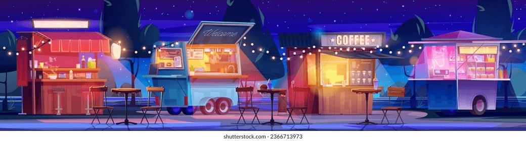 Street food and drink stalls in night park. Vector cartoon illustration of coffee and cocktail shop, burger kiosk, asian cuisine stand in public garden with chairs and tables, garland light decoration