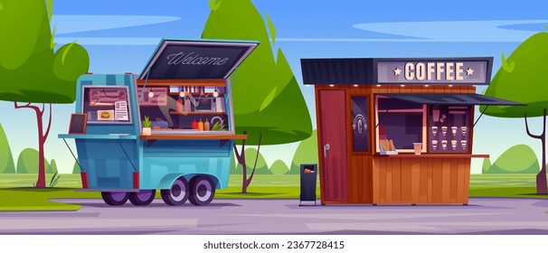 Street food and drink stalls in summer park. Vector cartoon illustration of coffee shop and burger kiosk, waste bin in public garden with green lawn and trees, urban shops selling snacks for lunch