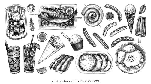 Skizzen zu Speisen und Getränken auf der Straße. Design-Elemente des Food Festivals in Gravur. Handgezeichnete Vektorgrafik. Speisekarte für schnelle Speisen