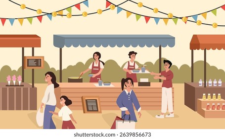 Street food fair. Food festive. Street market. Food fair event. People holiday. People buy foods. Summer foods festive. Ramyeon. Japanese foods.
