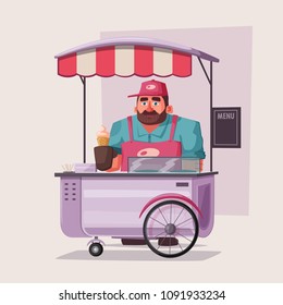 Street food or fast food hawker vendor truck. Cartoon vector illustration