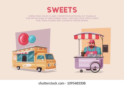 Street food or fast food hawker vendor truck. Cartoon vector illustration