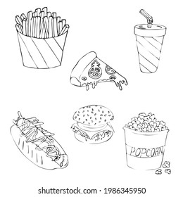 Comida callejera. Juego de iconos de comida rápida: patatas fritas, hamburguesa, bebida, palomitas, perritos calientes, pizza. Ilustración de material vectorial en estilo doodle.