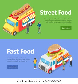 Street food and fast food movable minivans selling hotdogs and burgers. Vector web banner of people buying unhealthy junk food in yellow and white minivans and some written text information.