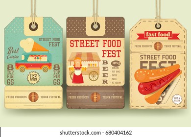 Street Food and Fast Food, Truck Festival on Price Tags in Retro Style. Template Design. Advertising Ice cream, Beer and Hot dogs. Vector Illustration.