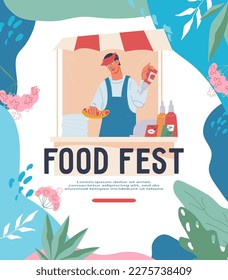 Cartel o plantilla de afiches del festival de comida callejera, ilustración vectorial plana. Diseño de pancartas del festival de comida con personaje de caricatura de vendedor.