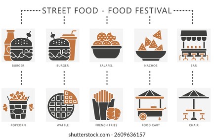 Street food fest dual tone icons set, contain burger, popcorn, waffle, falafel, nachos, french fries, bar, chair, food chart and more. Vector for UI, UX kit, digital or print. web and app development