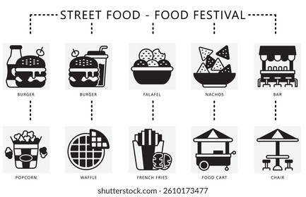 Street food fest glyph icons set, contain burger, popcorn, waffle, falafel, nachos, french fries, bar, chair, food chart and more. Vector for UI, UX kit, digital or print. web and app development
