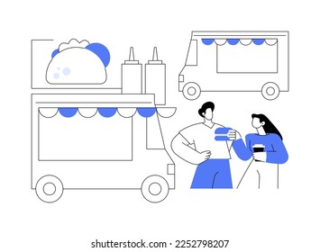 Street food festival abstract concept vector illustration. Food truck service, local food event, outdoor activity, chef prepare meals, international menu, art and music abstract metaphor.