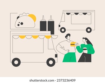 Street food festival abstract concept vector illustration. Food truck service, local food event, outdoor activity, chef prepare meals, international menu, art and music abstract metaphor.