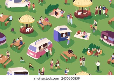 Street food festival in amusement park endless pattern. Summer entertainment: fun on attractions, eating outdoor. People have picnic, relax on funfair panorama. Flat vector seamless illustration