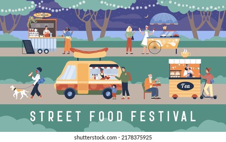 Street food festival banner, people have fun outdoors on summer night, flat vector illustration. Food carts or stalls in the park. Vendors selling coffee, tea, ice cream and hot dogs.