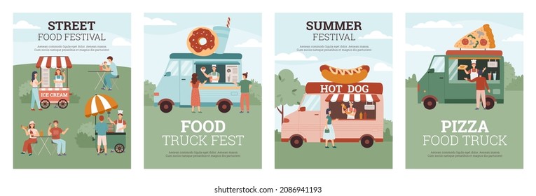 Street food festival banners or posters kit with barbecue and food snacks caravan of vans and trucks, flat vector illustration. Street summer festival banners.