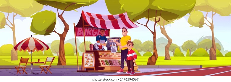 Street Food Festival Stand und Vater mit Sohn in Park Cartoon Illustration. Burger Stallverkäufer mit Zelt, Theke und Schild. Kiosk Marktplatz mit Tisch, Stuhl und Sonnenschirm im Gartendesign