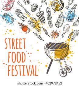 Street food festival card. Hand drawn vector illustration on the watercolor splashes. Can be used for menu, poster, banner, emblem, sticker, placard and other design.