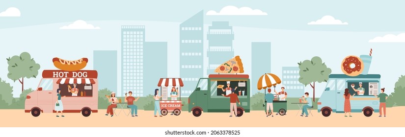 Street food festival in the city park, flat vector illustration. Horizontal banner with people buy and eat meals from van, truck or vendor cart. Fast or junk food outdoors, hot dog, pizza and donuts.