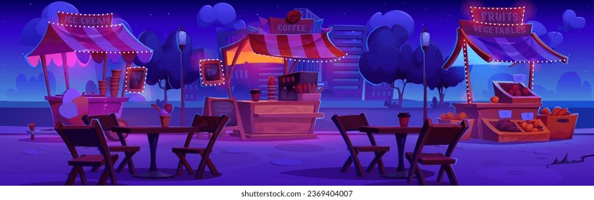 Street food festival or city park with stalls at night. Cartoon landscape of funfair with stands with garlands selling ice cream, coffee, and fresh farm vegetables and fruits, and tables for eating.