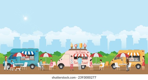 Street food festival in the city park.Horizontal banner with people buy and eat meals from van, truck or vendor cart. Fast or junk food outdoors, flat vector illustration.
