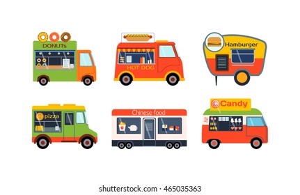 Street food festival color trailers labels set, van restaurant