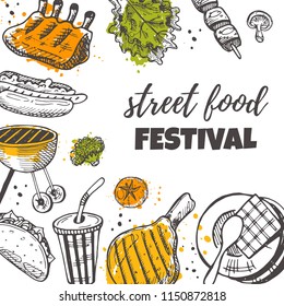 Street food festival concept design. Hand drawn vector illustration. Can be used for menu, farmers market, shop, bbq, truck, restaurant, cafe, bar, poster, banner, sticker, placard.