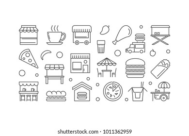 Street food festival concept horizontal vector linear illustration or banner on white background
