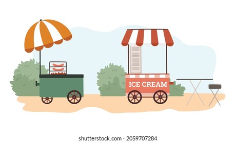 Street food festival concept with ice cream, hot dog carts in flat vector illustration isolated on white background. Trolleys with awning, umbrella in park. Outdoor sale of fast food snacks