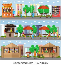 Street food festival concept vector banner. People sell food from stalls in park. Street cafe concept.