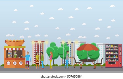 Street food festival concept vector banner. People sell food from stalls in park. Hot Dog cart.