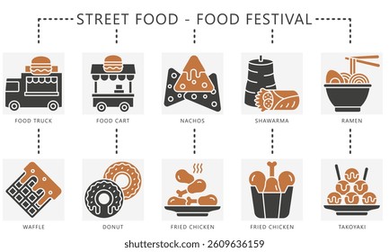 Street food festival dual tone icons set, contain food truck, cart, waffle, donut, nachos, shawarma, fried chicken, ramen, takoyaki. Vector for UI, UX kit, digital or print. web and app development