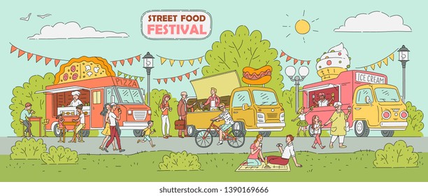 Street Food Festival Event - Ice Cream Truck, Pizza Vendor Shop, Hot Dog Stand With Crowd Of People Enjoying Sunny Day Outdoors In Summer Park Market, Hand Drawn Vintage Poster Vector Illustration