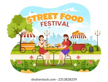 Street Food Festival Event Vector Illustration with People and Foods Trucks in Summer Outdoor City Park in Flat Cartoon Hand Drawn Templates