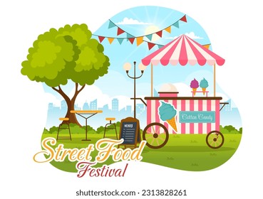 Street Food Festival Event Vector Illustration with People and Foods Trucks in Summer Outdoor City Park in Flat Cartoon Hand Drawn Templates