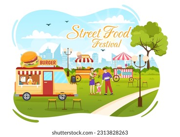 Street Food Festival Event Vektor Illustration mit Menschen und Foods Trucks im Sommer Outdoor City Park in flachen Cartoon handgezeichnet Vorlagen