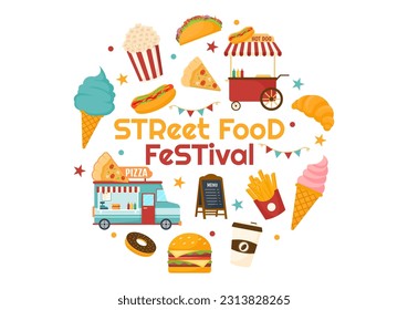 Street Food Festival Event Vector Illustration with People and Foods Trucks in Summer Outdoor City Park in Flat Cartoon Hand Drawn Templates