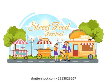 Street Food Festival Event Vector Illustration with People and Foods Trucks in Summer Outdoor City Park in Flat Cartoon Hand Drawn Templates