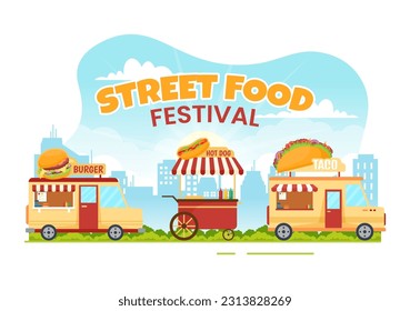 Street Food Festival Event Vector Illustration with People and Foods Trucks in Summer Outdoor City Park in Flat Cartoon Hand Drawn Templates