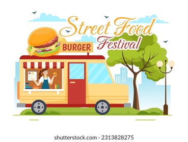 Street Food Festival Event Vector Illustration with People and Foods Trucks in Summer Outdoor City Park in Flat Cartoon Hand Drawn Templates